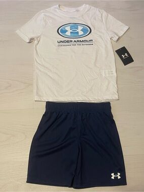 Under Armour White & Navy Boys Short Set with Blue Logo